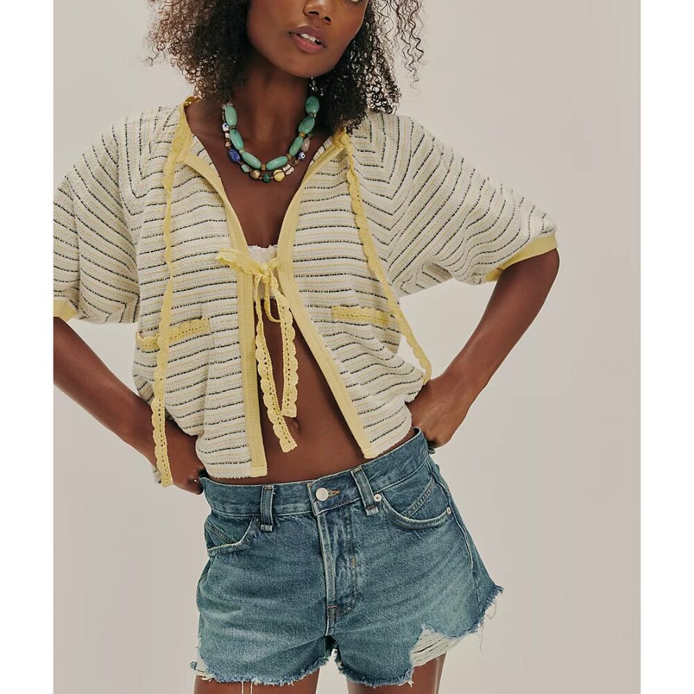 Free People Yellow and Cream Striped Hoodie